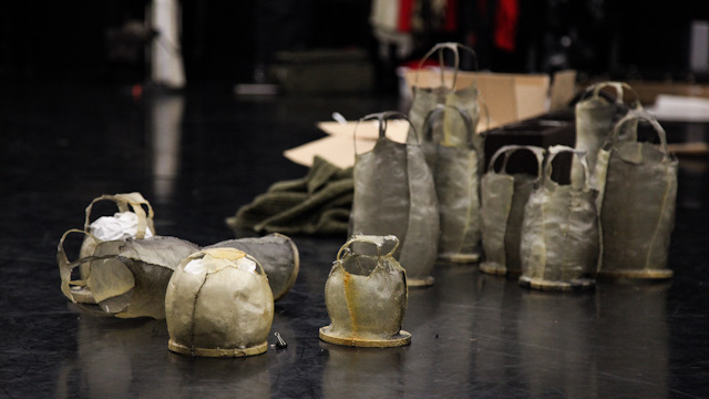 Fish skin lanterns waiting to be hung in the theatre.