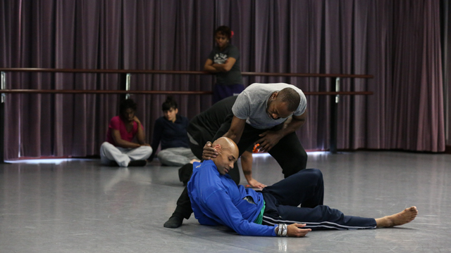 Jones and Green share material during an Observer Participant Rehearsal.