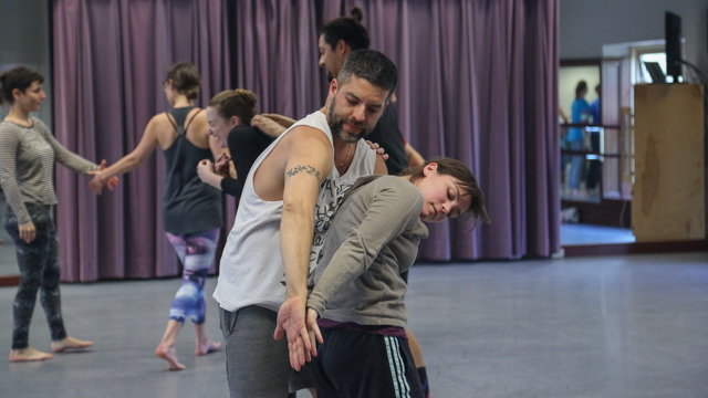 FSU student Megan Carvajal works with Miguel Gutierrez during the <i>Queer Choreographies</i> workshop