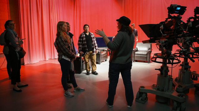 Suzanne Smith taking Jennifer Monson and collaborators on a production studio tour of WFSU TV