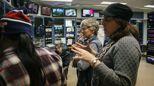 Suzanne Smith showing Jennifer Monson and collaborators the control room at WFSU TV