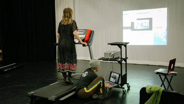 Emily Auble and Coleman work on the production elements of <i>Treadmill Dreamtime</i>