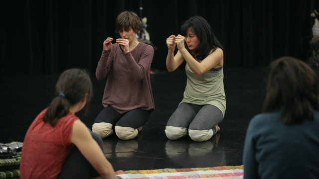 Aretha Aoki and Krista Langberg in rehearsal with Emily Johnson for <i> Then a Cunning Voice...</i>