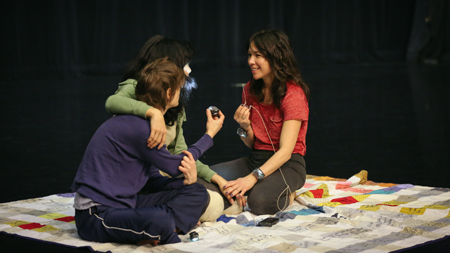 Emily Johnson, Aretha Aoki and Krista Langberg in rehearsal for <i> Then a Cunning Voice...</i>