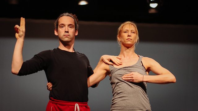 Stuart Singer and Heather Lang in rehearsal for <i> Remains </i>