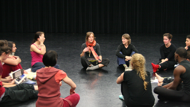 Faulkner and Funsch talk with FSU Dance Students during a Choreographic Workshop.