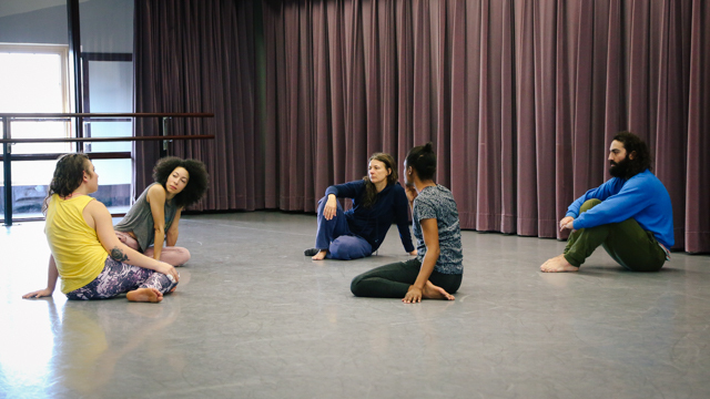 Kathy Westwater and performers in rehearsal for <em>Rambler, Worlds Worlds A Part</em>.