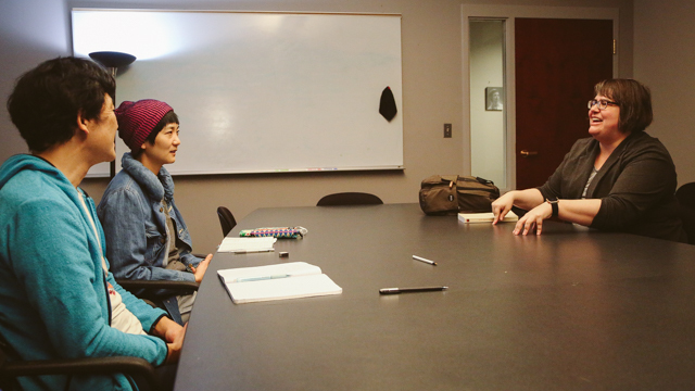 Yamazaki and Nishimura meet with Professor of Religion, Kristina Buhrman 
