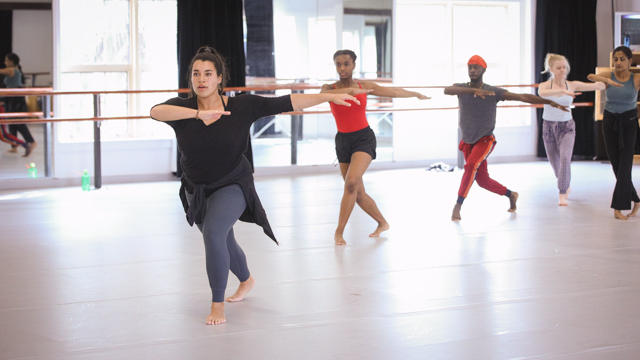 Students West, Ratliff, and Rachel Hickman dance behind Alexandra Eady in FSU School of Dance <br>Master Class