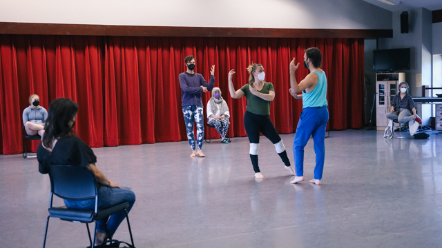 Johnson, Search-Wells, and Wells engaged in their Work in Process Showing while attendees from the<br>FSU School of Dance and other MANCC artists watch