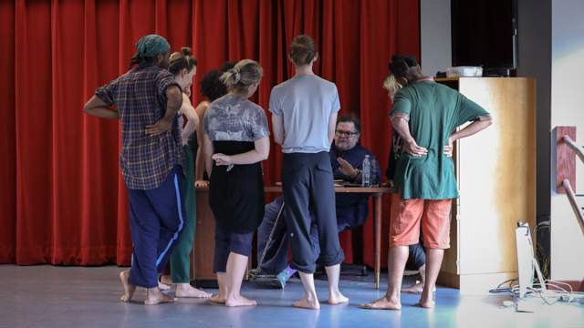 All the dancers discuss the process with choreographer, Tere O'Connor, in the dance studio