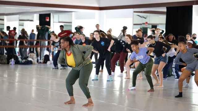 Leslie Parker leads School of Dance students in a Black Dance<br>Improvisation Workshop