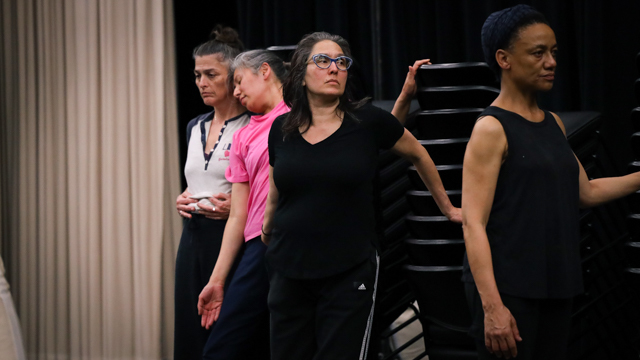 Sharon Picasso, Anne Lentz, Ginza Thayer, and Leah Nelson rehearse <em>From Tokyo to Brooklyn: A Jagged<br>Journey</em>