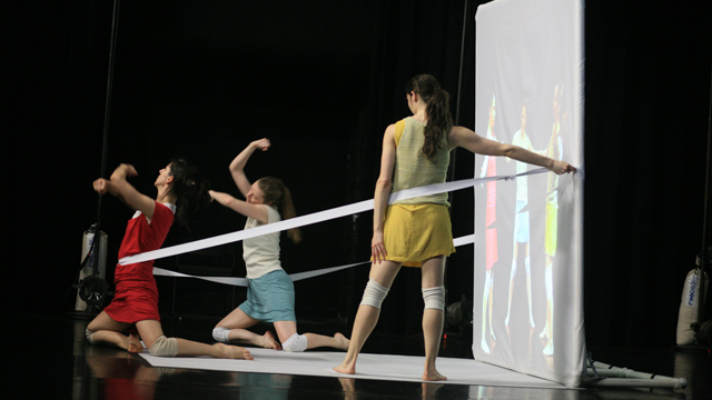 Performers Denisa Musilova, Elyssa Dole and Savina Theodorou rehearse during Shemy’s residency.