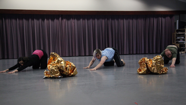 Davies, Durko Lynch, and Campbell rehearse movement vocabulary